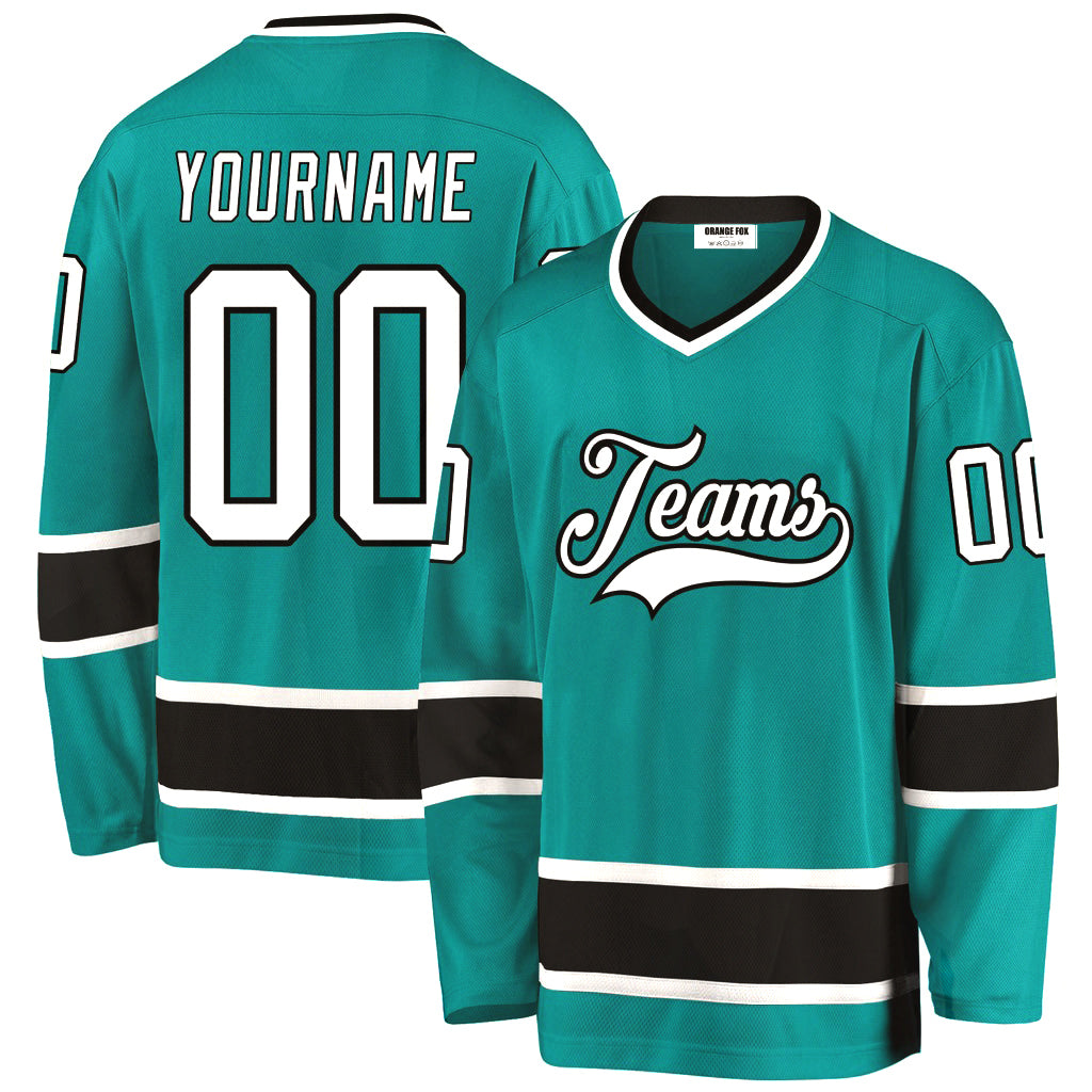 Custom Aqua White-Black V Neck Hockey Jersey For Men & Women