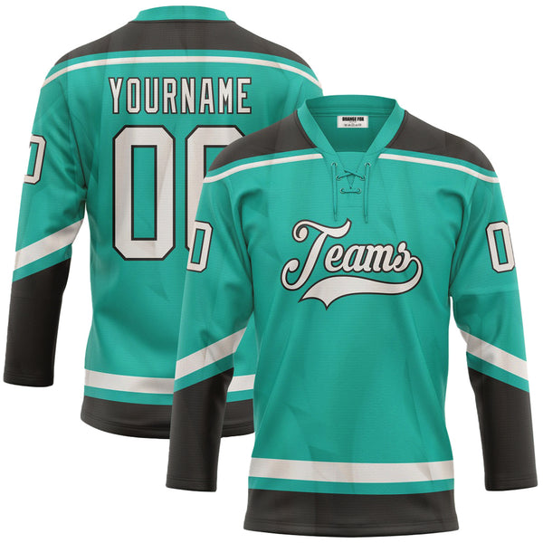 Custom Aqua White-Black Lace Neck Hockey Jersey For Men & Women