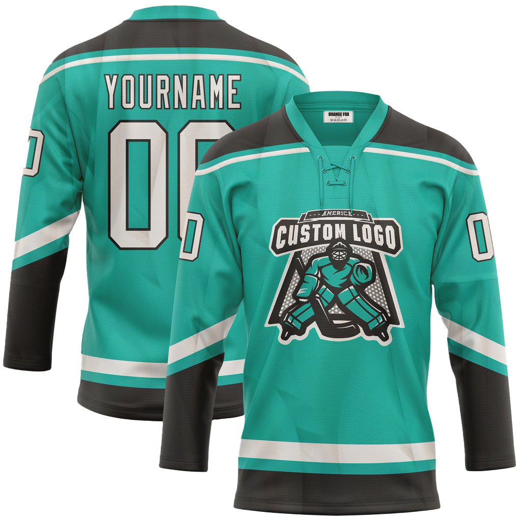 Custom Aqua White-Black Lace Neck Hockey Jersey For Men & Women