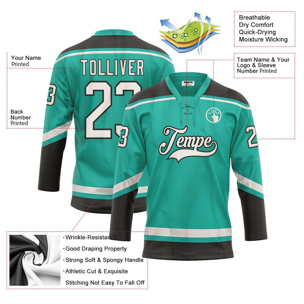 Custom Aqua White-Black Lace Neck Hockey Jersey For Men & Women