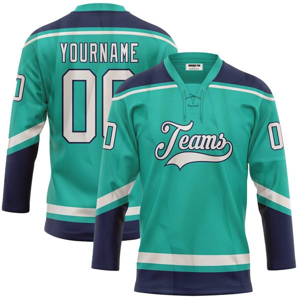 Custom Aqua White-Navy Lace Neck Hockey Jersey For Men & Women