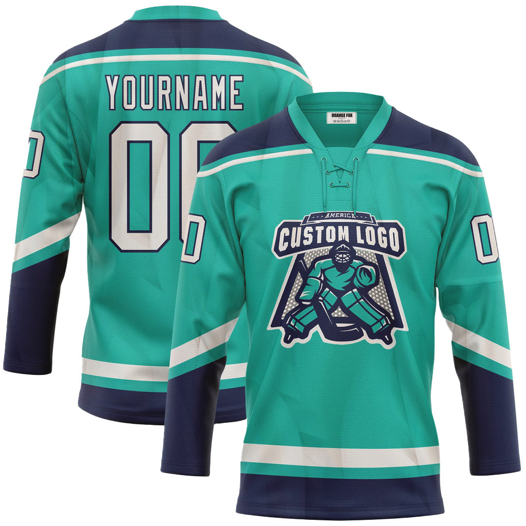 Custom Aqua White-Navy Lace Neck Hockey Jersey For Men & Women