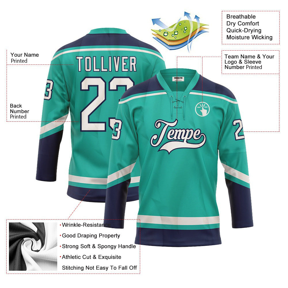 Custom Aqua White-Navy Lace Neck Hockey Jersey For Men & Women