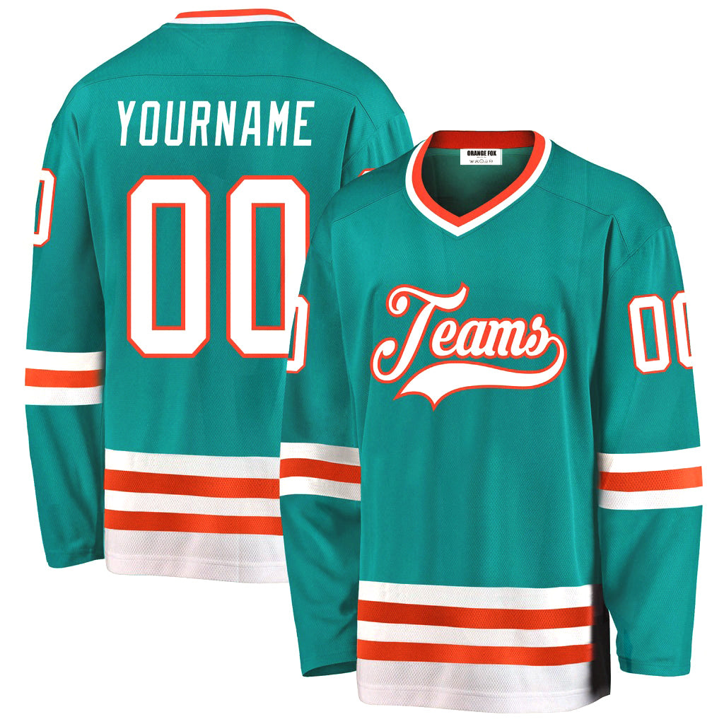 Custom Aqua White-Orange V Neck Hockey Jersey For Men & Women