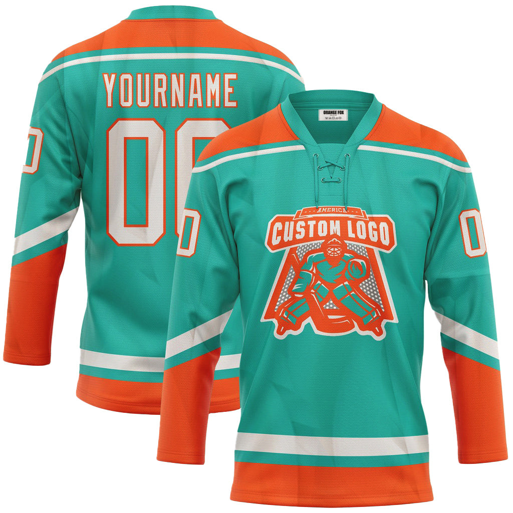 Custom Aqua White-Orange Lace Neck Hockey Jersey For Men & Women