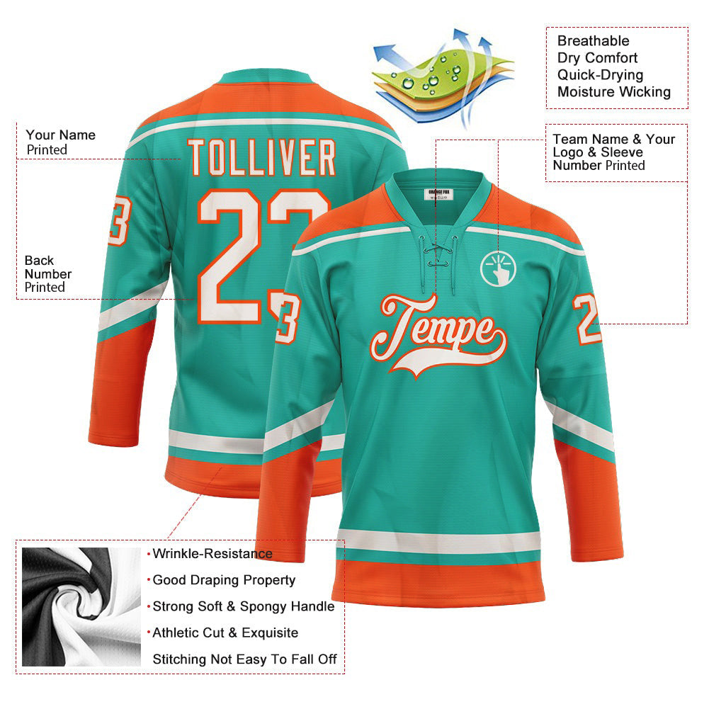 Custom Aqua White-Orange Lace Neck Hockey Jersey For Men & Women