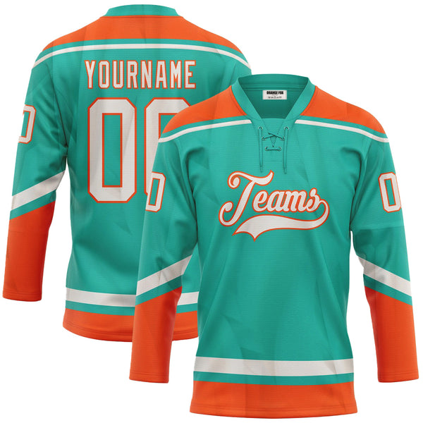 Custom Aqua White-Orange Lace Neck Hockey Jersey For Men & Women