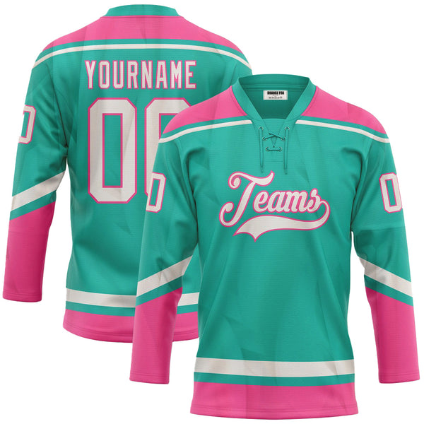 Custom Aqua White-Pink Lace Neck Hockey Jersey For Men & Women