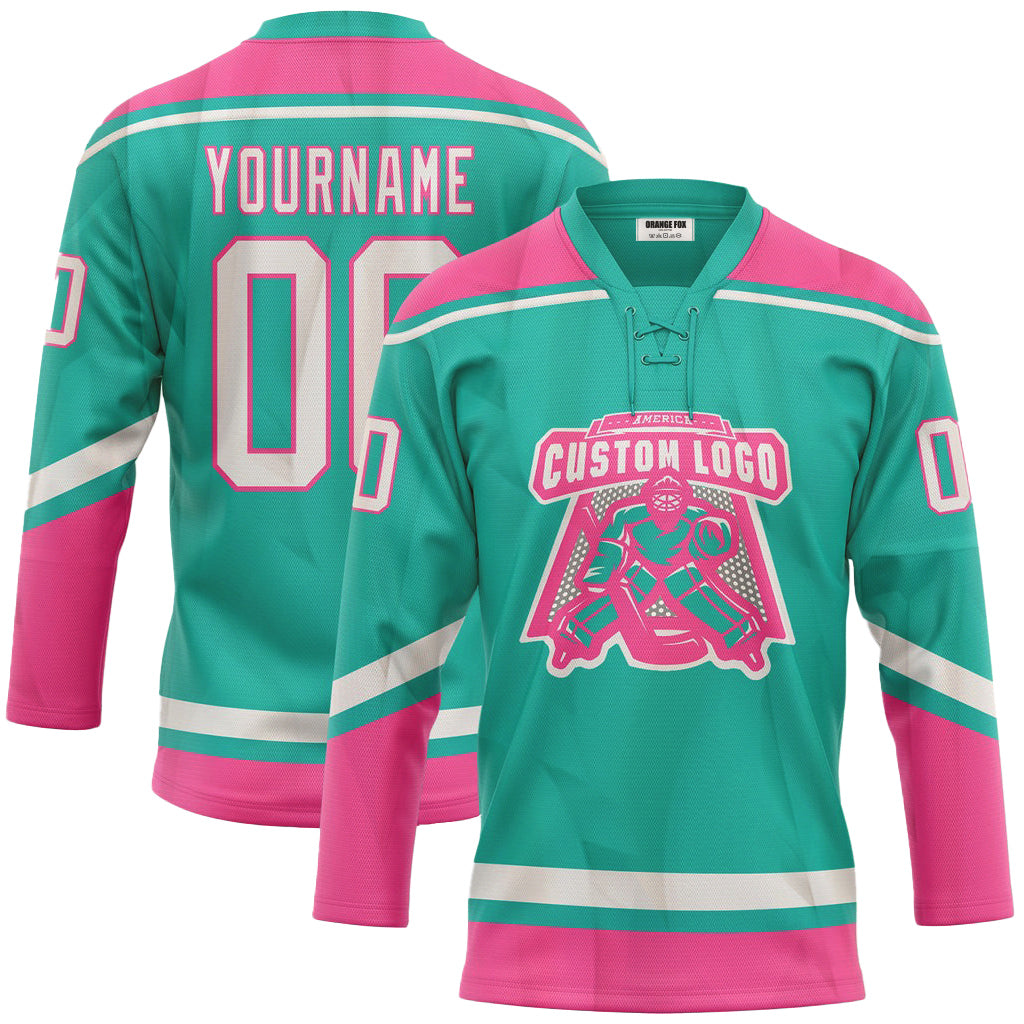 Custom Aqua White-Pink Lace Neck Hockey Jersey For Men & Women