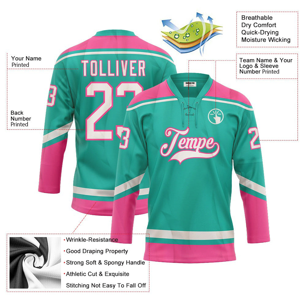 Custom Aqua White-Pink Lace Neck Hockey Jersey For Men & Women