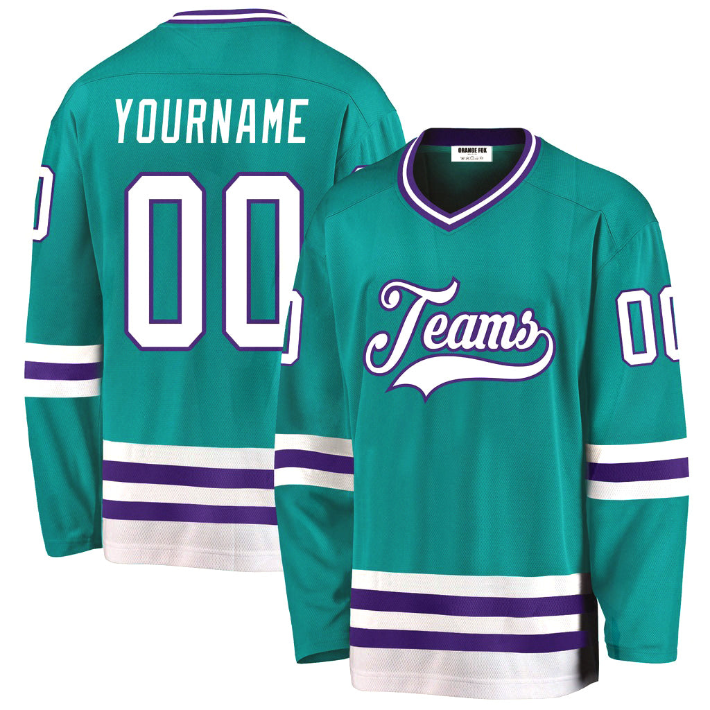 Custom Aqua White-Purple V Neck Hockey Jersey For Men & Women