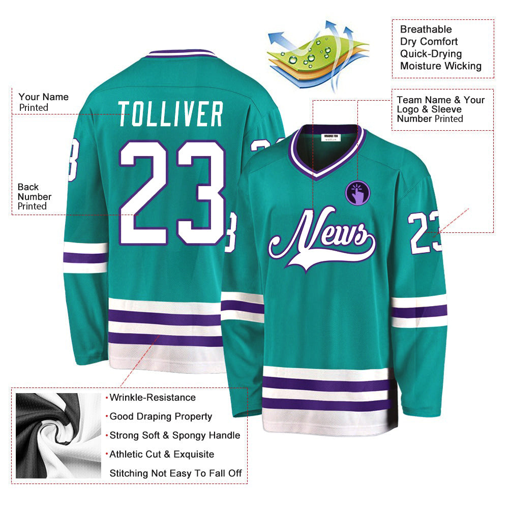 Custom Aqua White-Purple V Neck Hockey Jersey For Men & Women