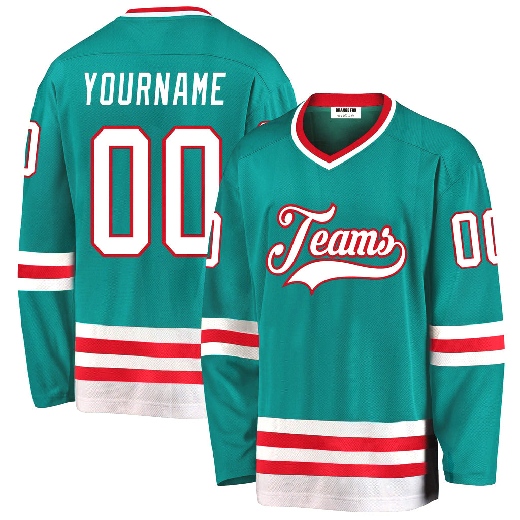 Custom Aqua White-Red Custom V Neck Hockey Jersey For Men & Women