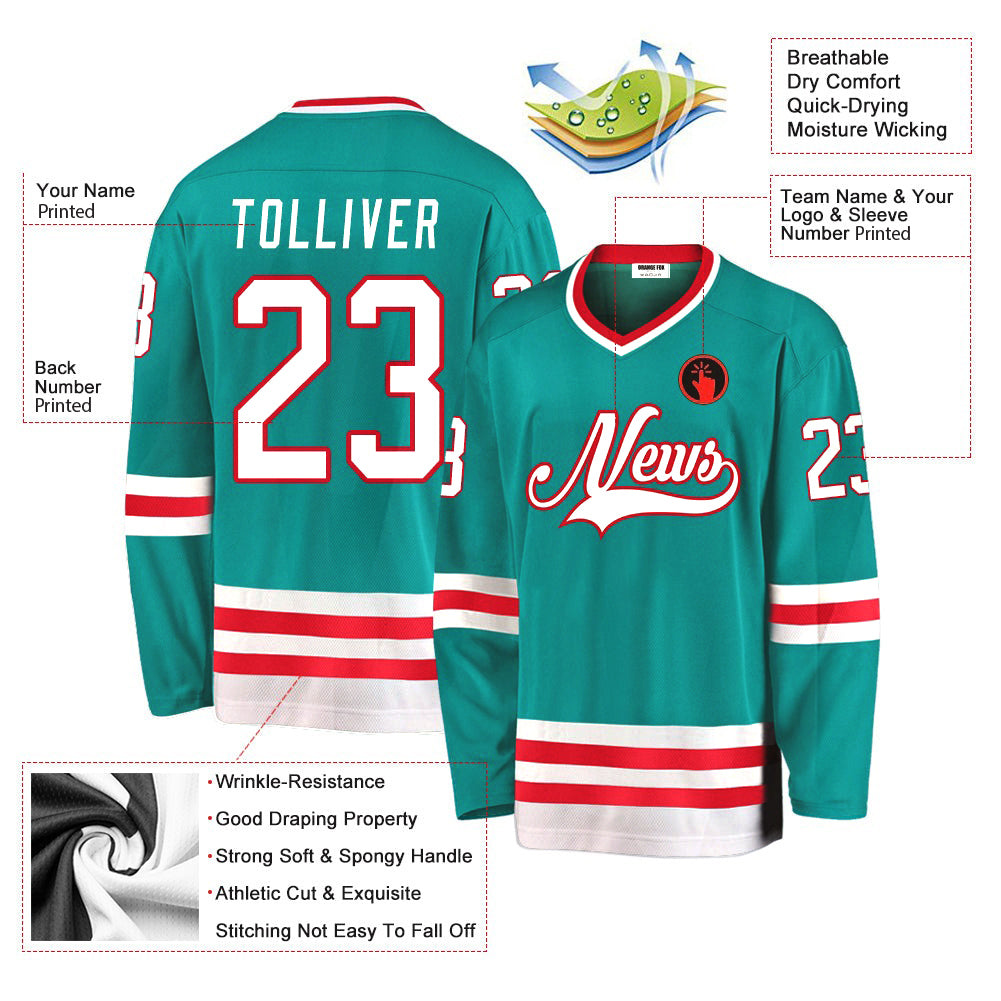 Custom Aqua White-Red Custom V Neck Hockey Jersey For Men & Women