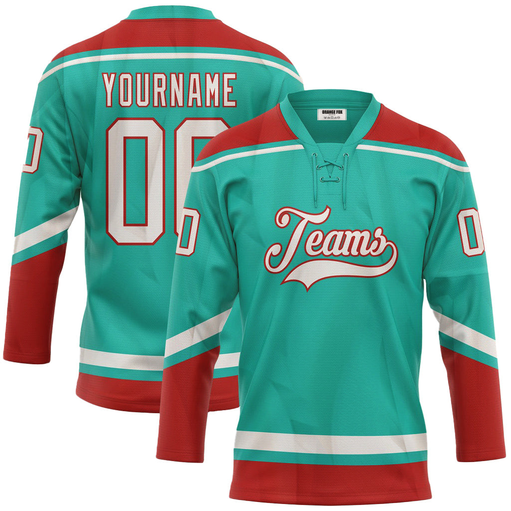 Custom Aqua White-Red Lace Neck Hockey Jersey For Men & Women