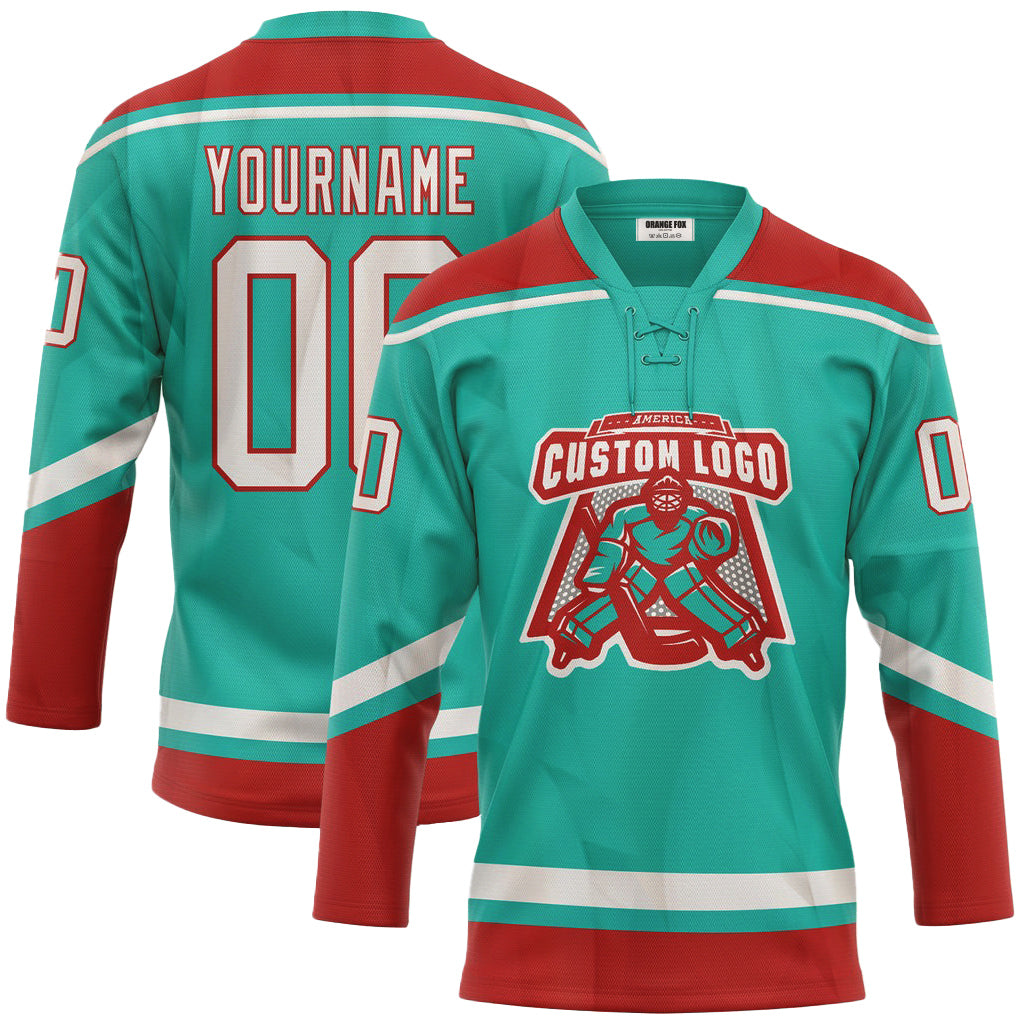 Custom Aqua White-Red Lace Neck Hockey Jersey For Men & Women