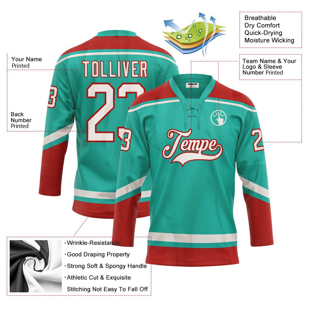 Custom Aqua White-Red Lace Neck Hockey Jersey For Men & Women