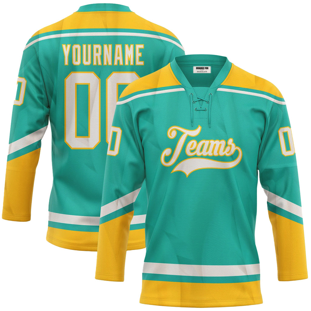 Custom Aqua White-Yellow Lace Neck Hockey Jersey For Men & Women