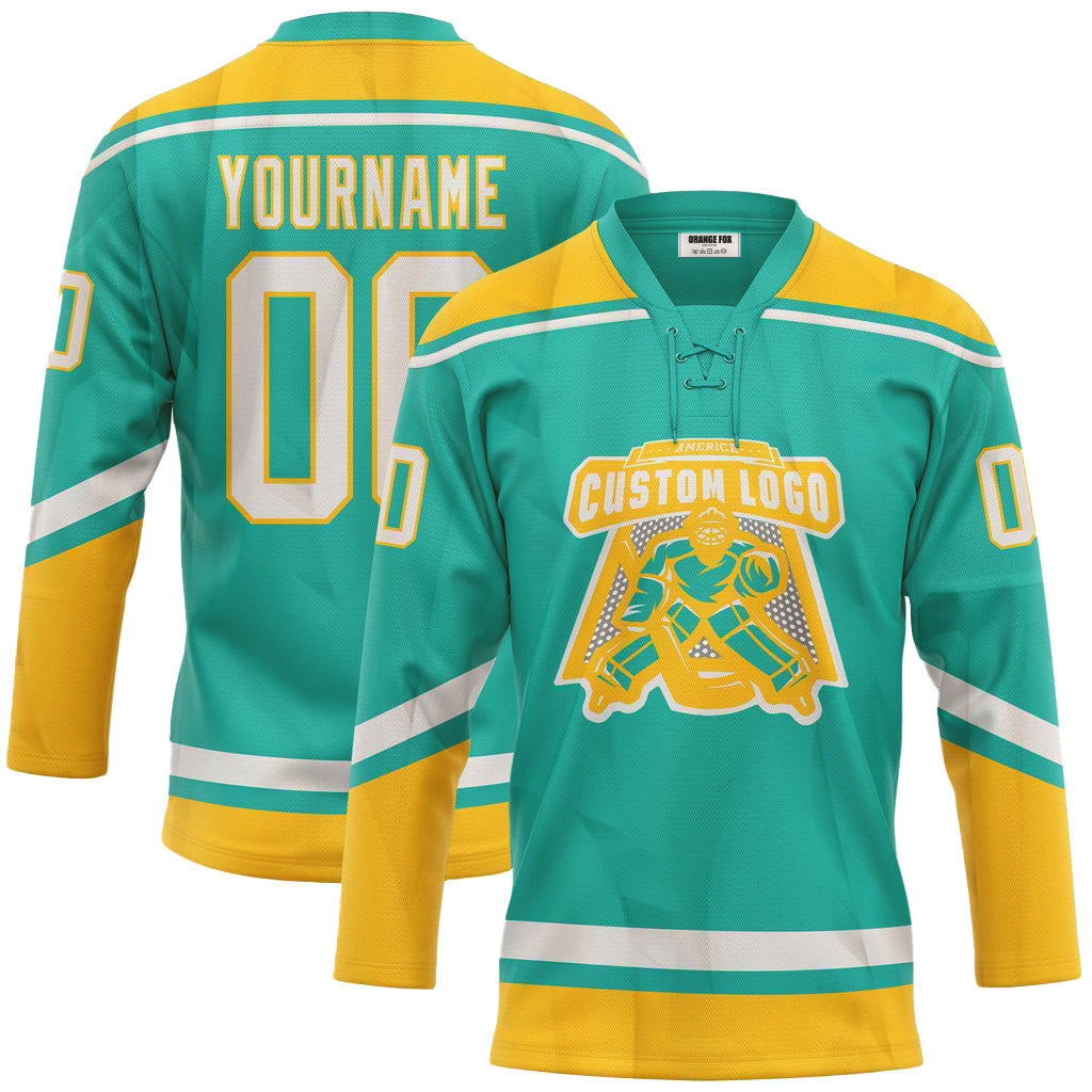 Custom Aqua White-Yellow Lace Neck Hockey Jersey For Men & Women