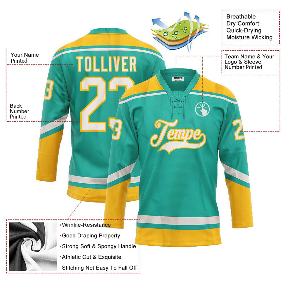 Custom Aqua White-Yellow Lace Neck Hockey Jersey For Men & Women