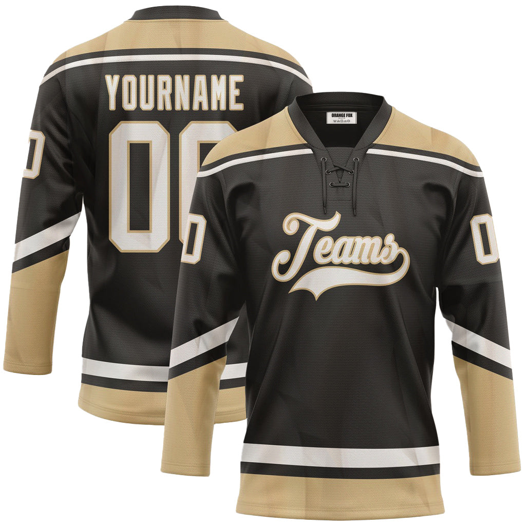 Custom Black Beige White Neck Hockey Jersey For Men & Women