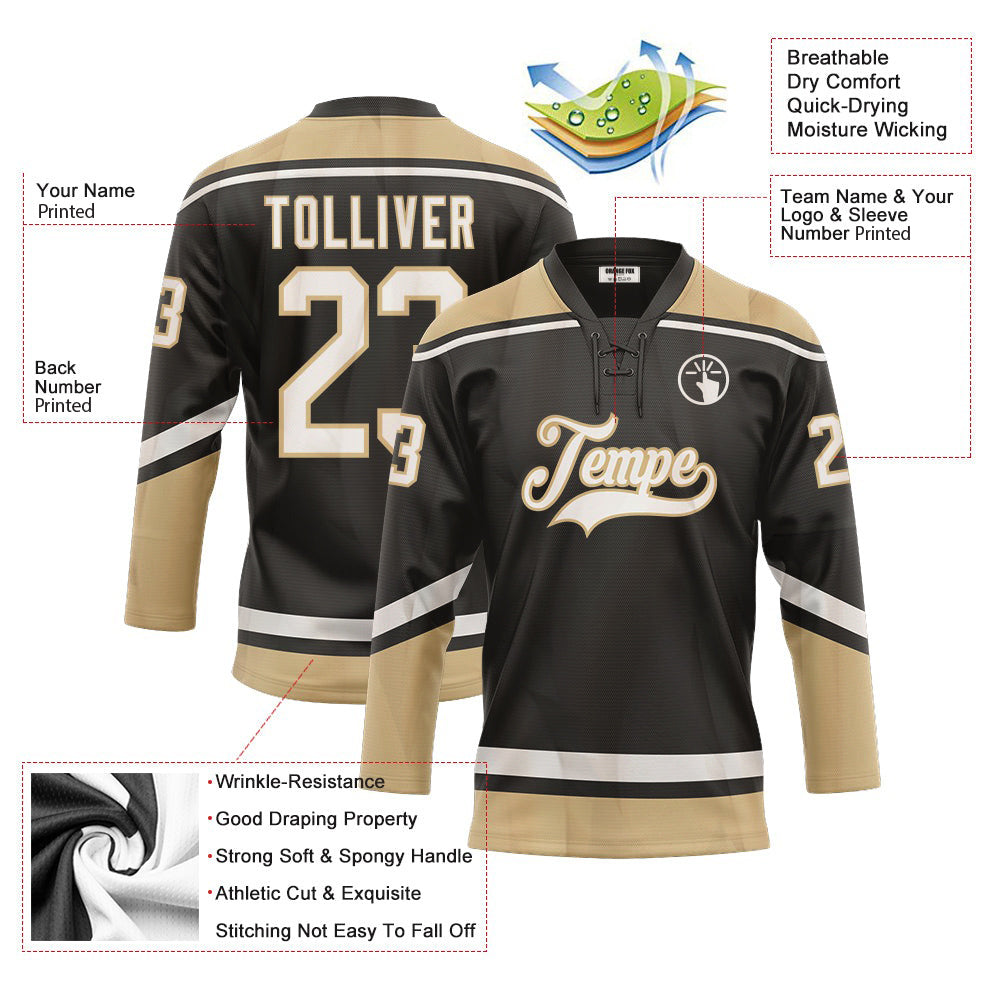 Custom Black Beige White Neck Hockey Jersey For Men & Women