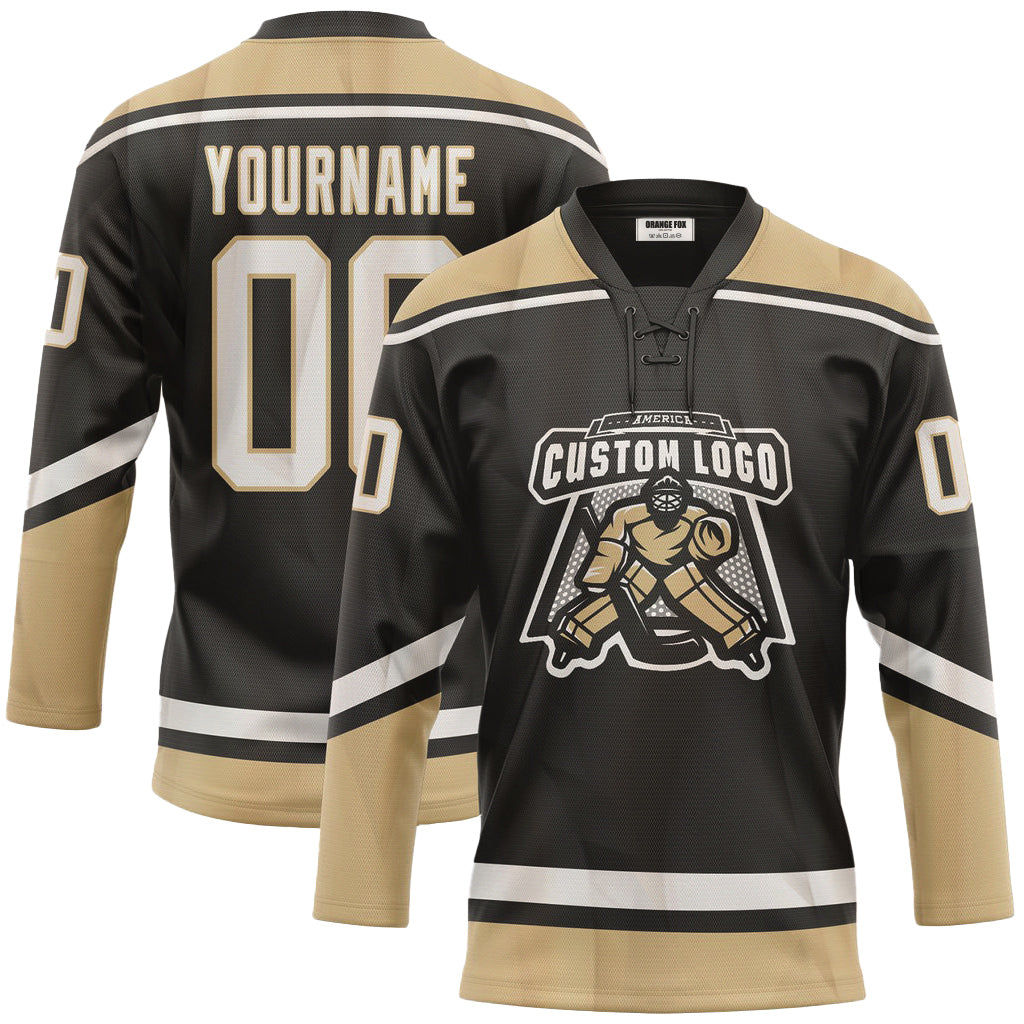 Custom Black Beige White Neck Hockey Jersey For Men & Women