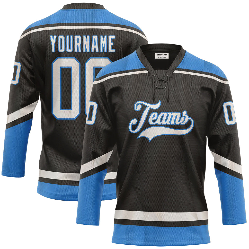 Custom Black Blue White Neck Hockey Jersey For Men & Women