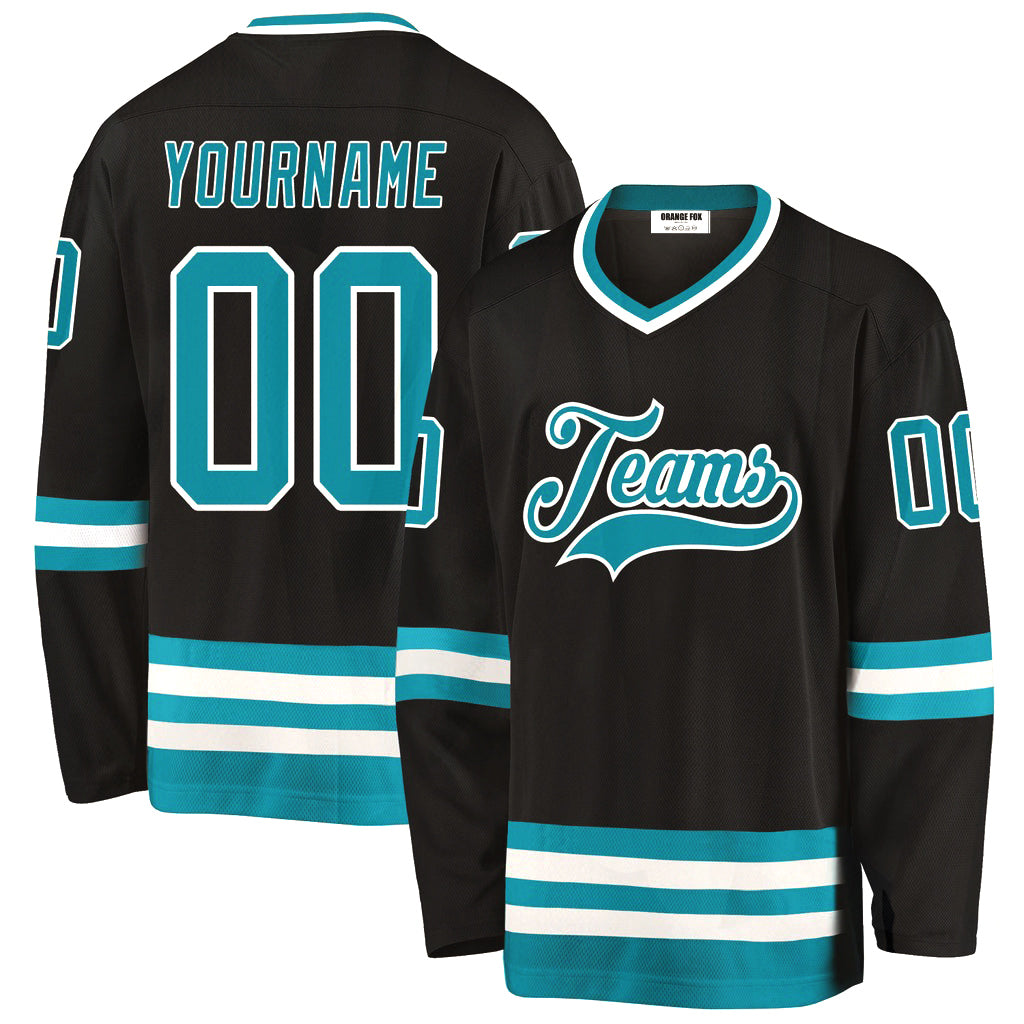 Custom Black Blue White V Neck Hockey Jersey For Men & Women