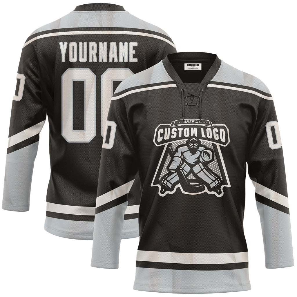 Custom Black Grey Neck Hockey Jersey For Men & Women