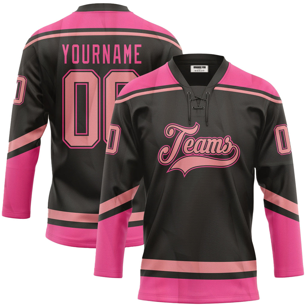 Custom Black Light Pink Neck Hockey Jersey For Men & Women