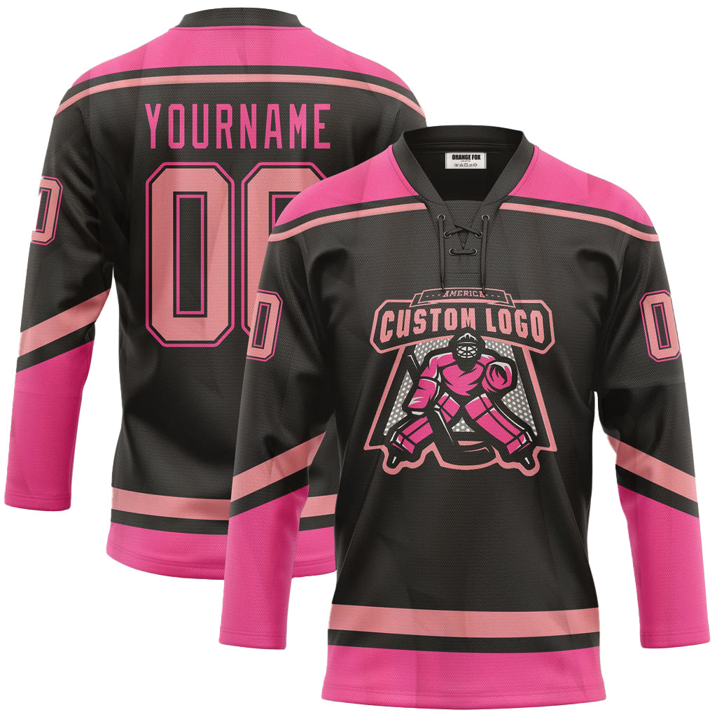 Custom Black Light Pink Neck Hockey Jersey For Men & Women