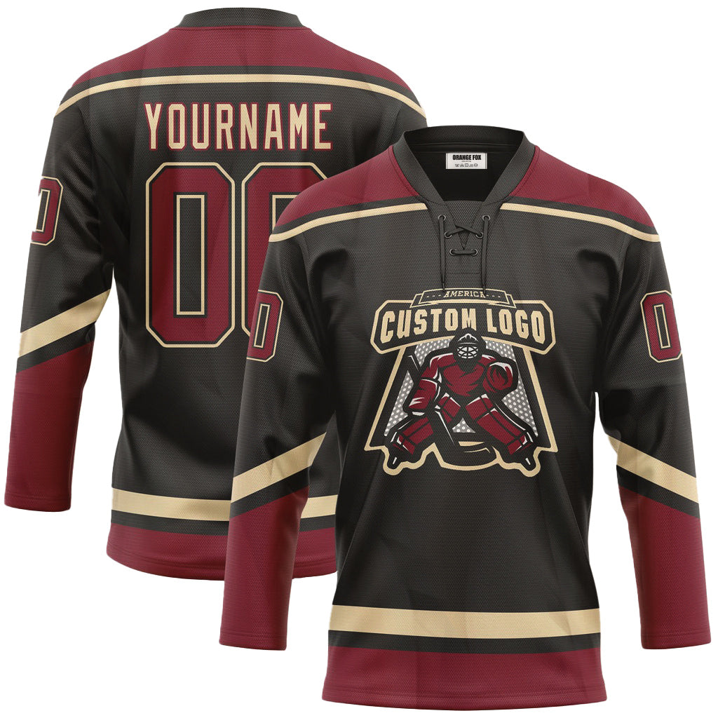 Custom Black Maroon Neck Hockey Jersey For Men & Women