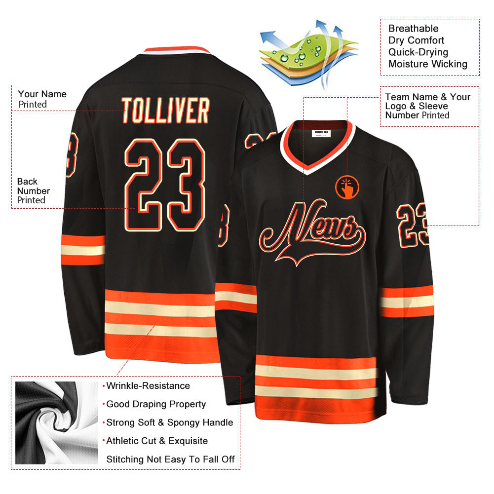 Custom Black Orange V Neck Hockey Jersey For Men & Women