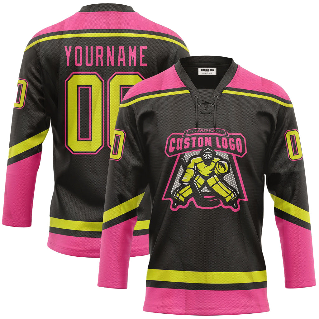 Custom Black Pink Neon Neck Hockey Jersey For Men & Women