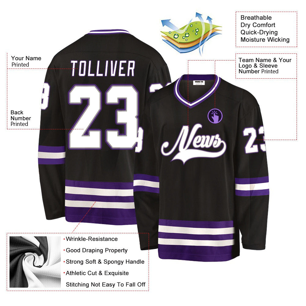 Custom Black Purple White V Neck Hockey Jersey For Men & Women