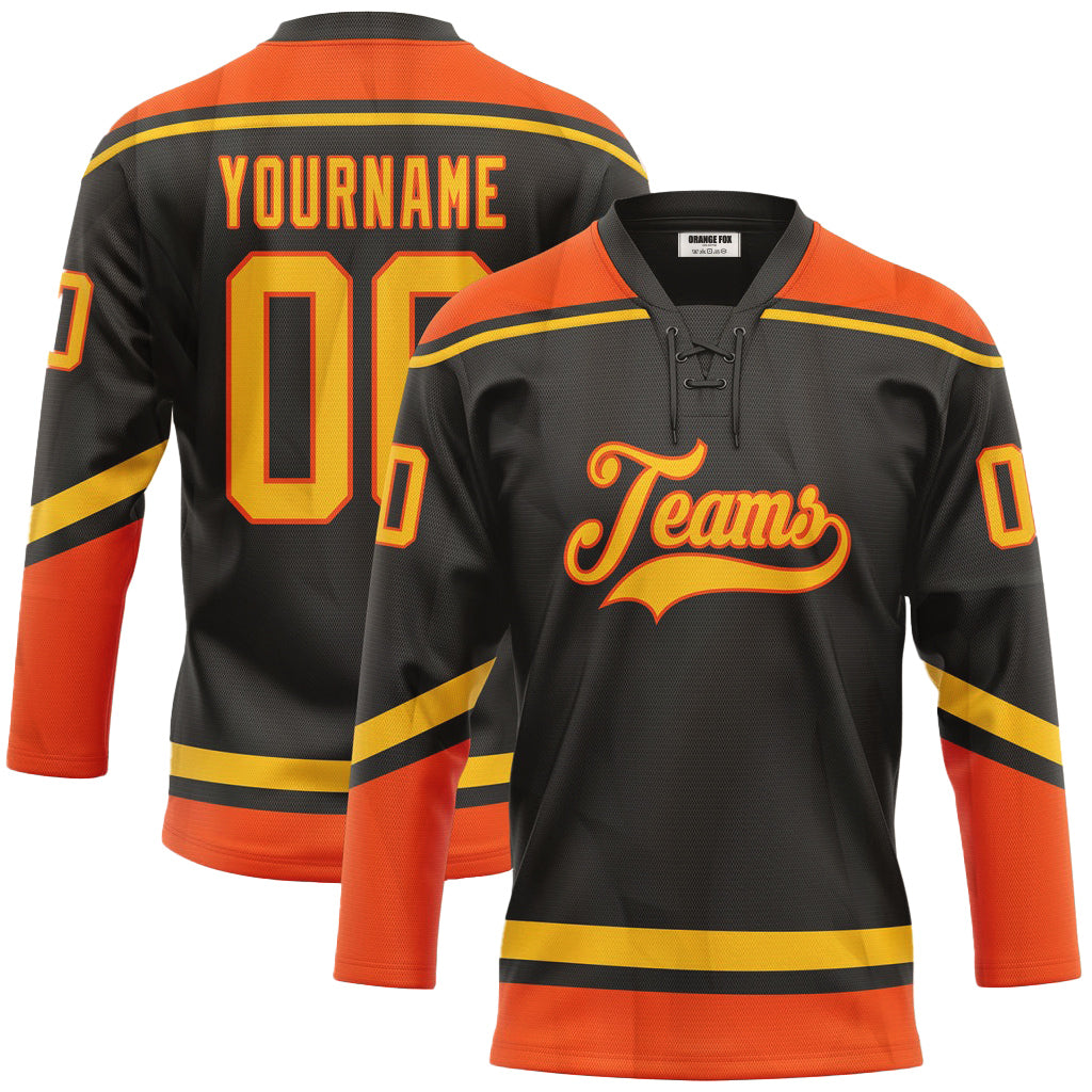 Custom Black Yellow Orange Neck Hockey Jersey For Men & Women