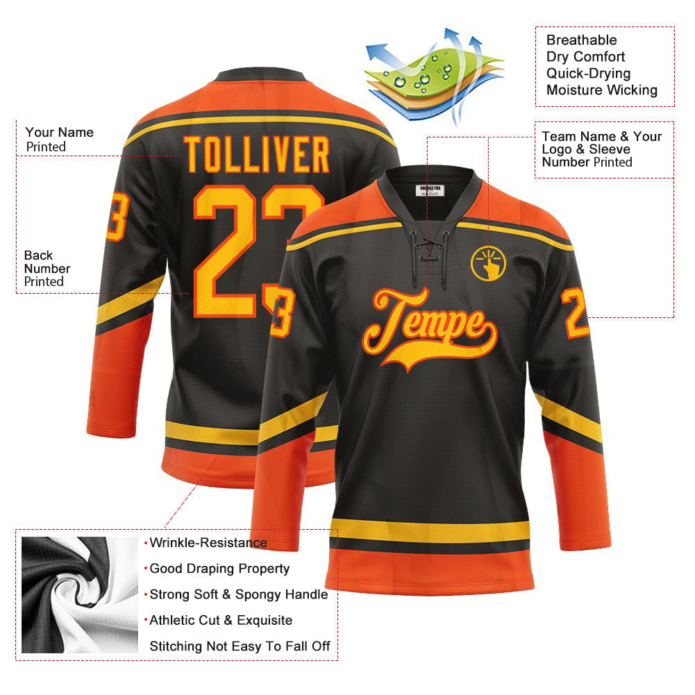 Custom Black Yellow Orange Neck Hockey Jersey For Men & Women