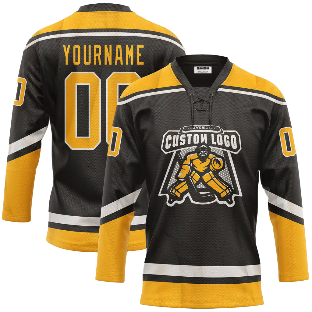 Custom Black Yellow White Neck Hockey Jersey For Men & Women