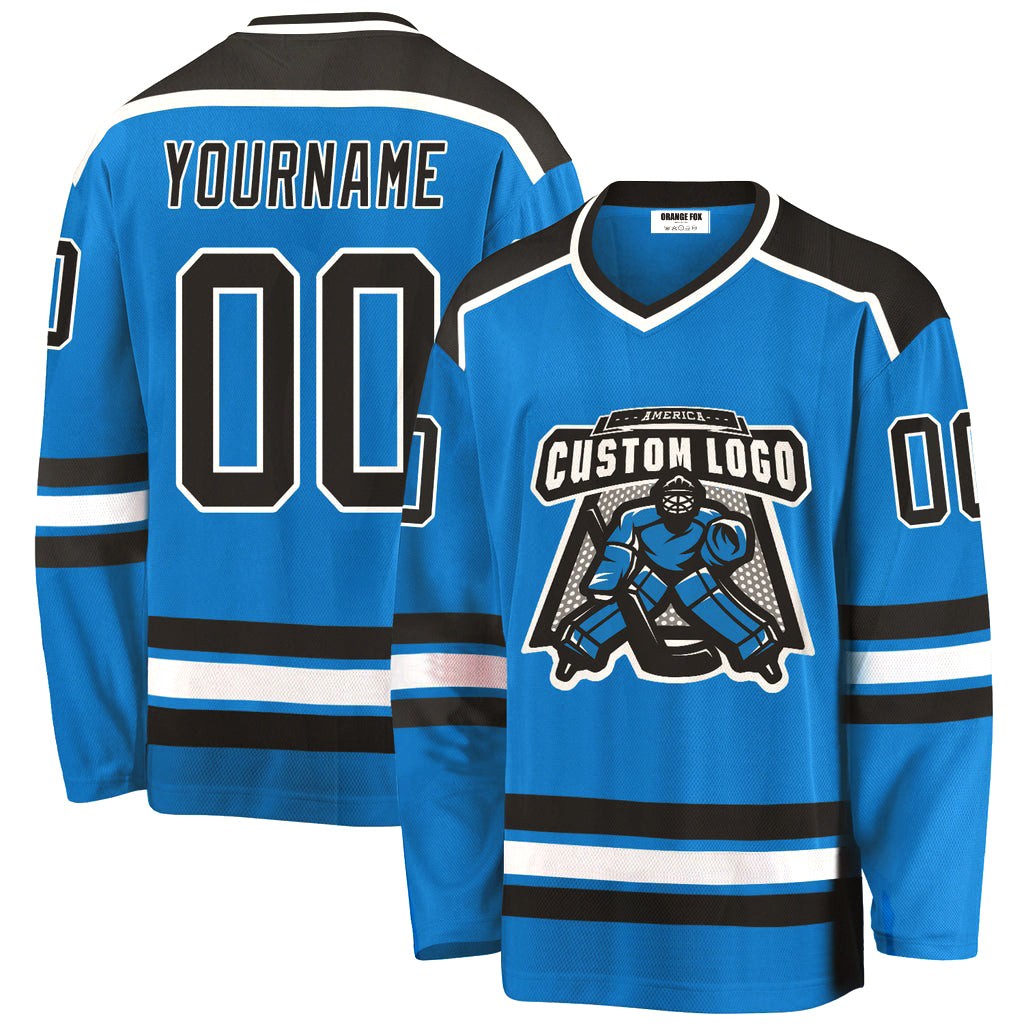 Custom Blue Black-White V Neck Hockey Jersey For Men & Women