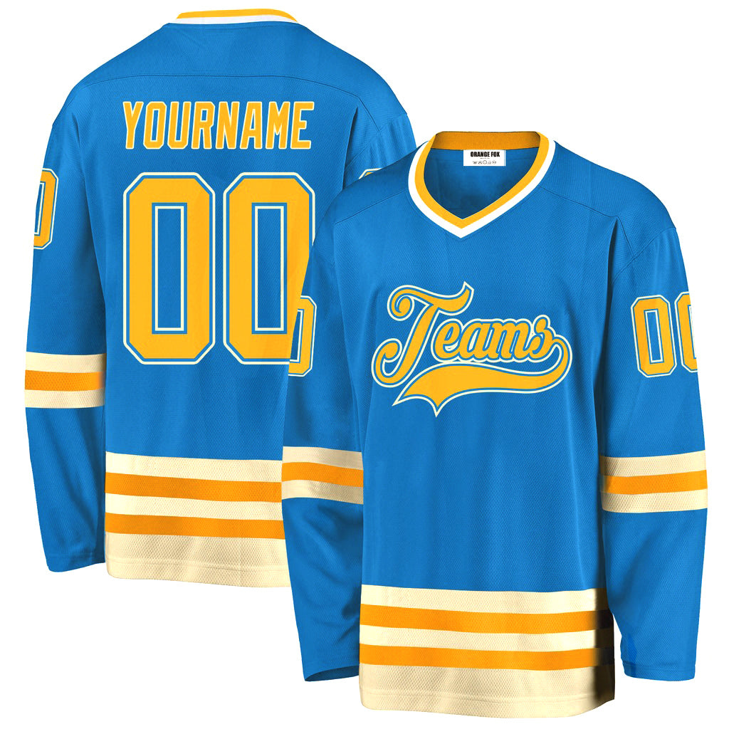 Custom Blue Gold-Cream V Neck Hockey Jersey For Men & Women