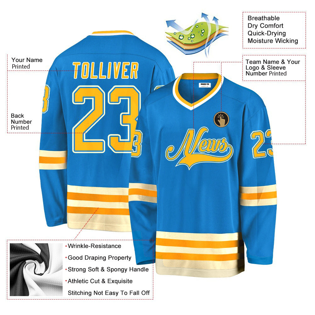 Custom Blue Gold-Cream V Neck Hockey Jersey For Men & Women