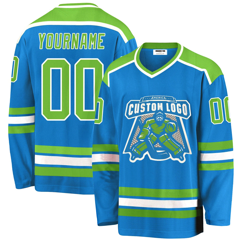 Custom Blue Neon Green-White V Neck Hockey Jersey For Men & Women