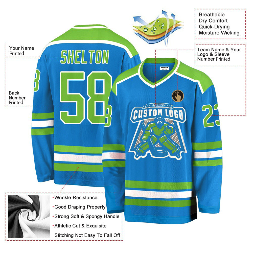 Custom Blue Neon Green-White V Neck Hockey Jersey For Men & Women