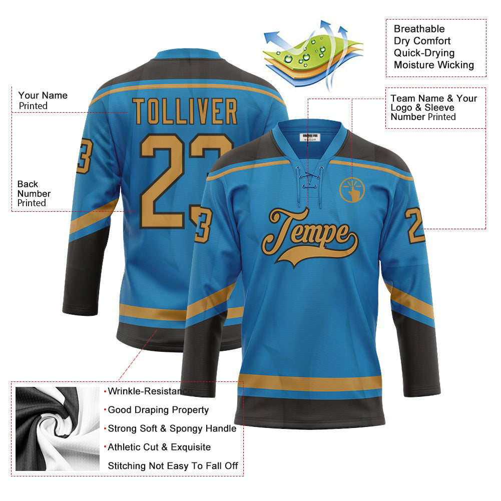 Custom Blue Old Gold-Black  Lace Neck Hockey Jersey For Men & Women