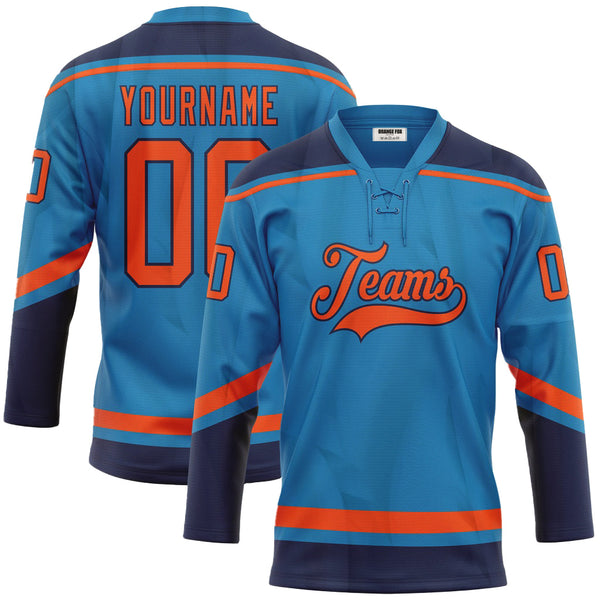 Custom Blue Orange-Navy Lace Neck Hockey Jersey For Men & Women