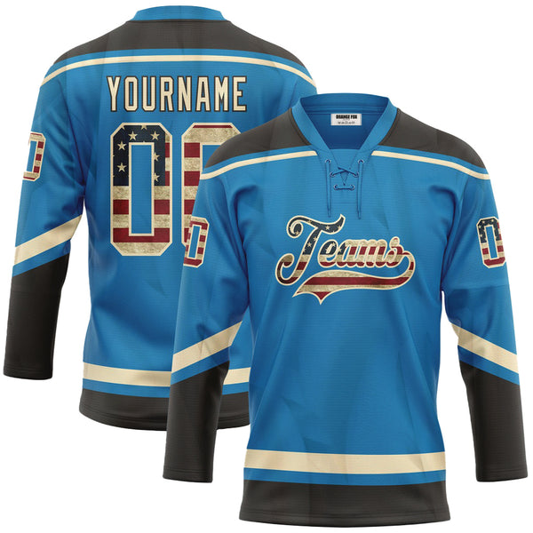 Custom Blue Vintage USA Flag Cream-Black Lace Neck Hockey Jersey For Men & Women