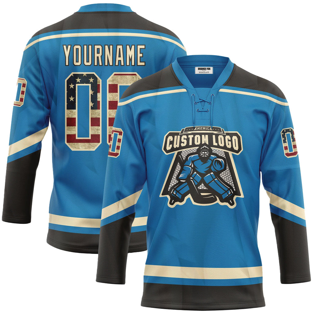 Custom Blue Vintage USA Flag Cream-Black Lace Neck Hockey Jersey For Men & Women