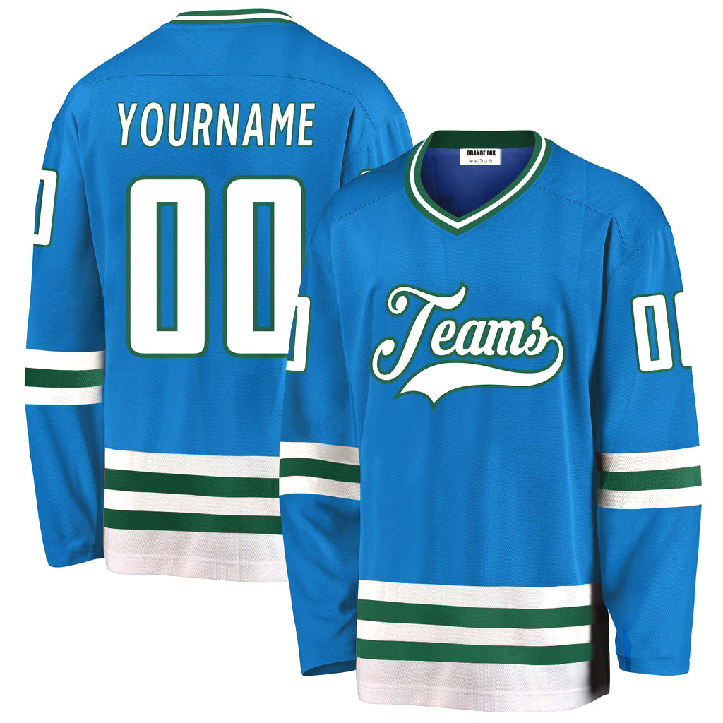 Custom Blue White-Kelly Green V Neck Hockey Jersey For Men & Women