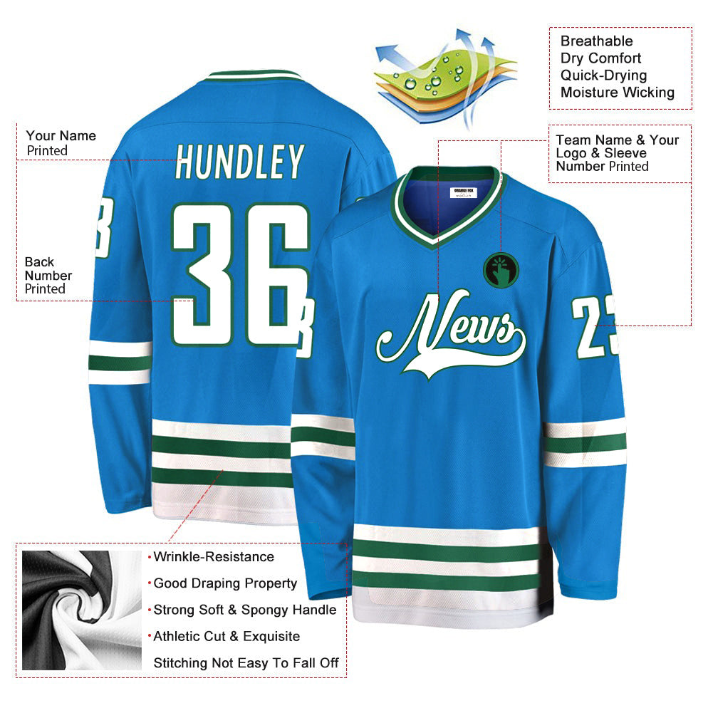 Custom Blue White-Kelly Green V Neck Hockey Jersey For Men & Women